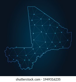 mali Map Abstract mash line and point scales on dark background. Wire Frame 3D mesh polygonal network line.