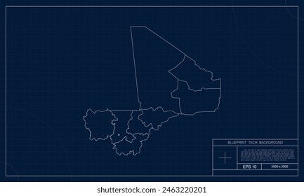 Mapa de Mali con fondo de estilo técnico de Blueprint.
