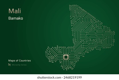 Mali Map with a capital of Bamako Shown in a Microchip Pattern with processor. E-government. World Countries vector maps. Microchip Series	