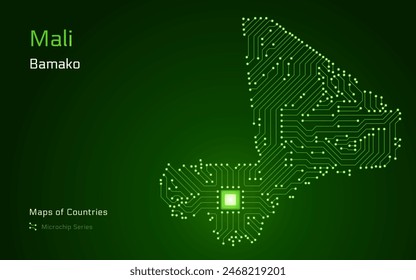 Mali Map with a capital of Bamako Shown in a Microchip Pattern with processor. E-government. World Countries vector maps. Microchip Series	