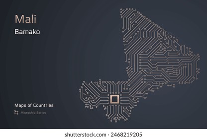 Mali Map with a capital of Bamako Shown in a Microchip Pattern with processor. E-government. World Countries vector maps. Microchip Series	