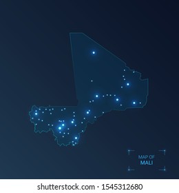 Mali map with cities. Luminous dots - neon lights on dark background. Vector illustration. 