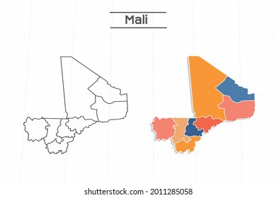 Mali map city vector divided by colorful outline simplicity style. Have 2 versions, black thin line version and colorful version. Both map were on the white background.