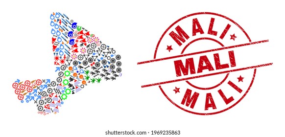 Mali map collage and distress Mali red circle badge. Mali stamp uses vector lines and arcs. Mali map collage contains markers, homes, screwdrivers, bugs, people, and more icons.