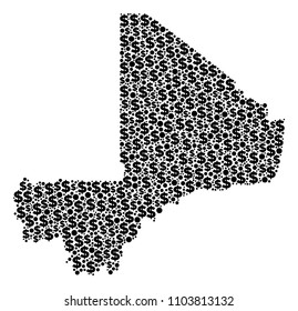 Mali map composition of money signs and sphere dots in different sizes. Abstract vector treasury and GDP Mali map. Currency signs and circle dots are united into geographic plan vector illustration.