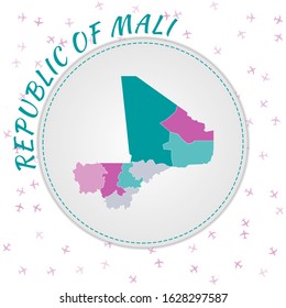Mali map design. Map of the country with regions in emerald-amethyst color palette. Rounded travel poster to Mali with country name and airplanes background. Trendy vector illustration.