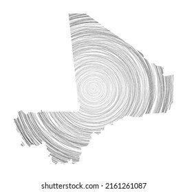 Mapa de Mali lleno de círculos concéntricos. Esbozar círculos de estilo en forma del país. Ilustración vectorial.