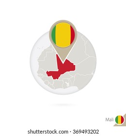 Mali map and flag in circle. Map of Mali, Mali flag pin. Map of Mali in the style of the globe. Vector Illustration.