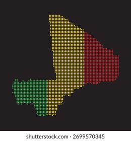 Mapa de Mali con colores de bandera en Ilustración vectorial de estilo punteado sobre fondo negro