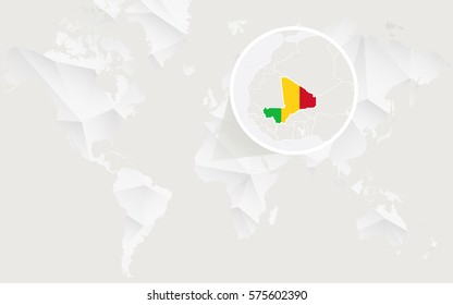 Mali map with flag in contour on white polygonal World Map. Vector Illustration.