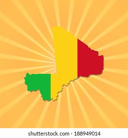 Mali map and flag on sunburst vector illustration