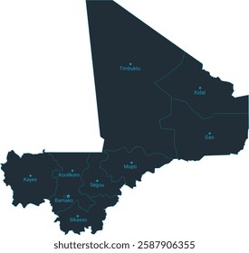 Mali map high detailed with administrative divide by state, capital cities names, outline simplicity style. Vector illustration EPS10.