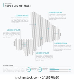 Mali map infographics with abstract pixelated dot pattern on white background. Stylized map concept with elementsl. - Vector illustration