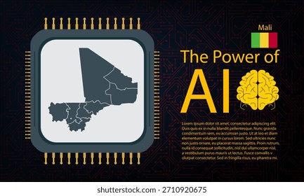 Mali map with microchip war and AI concept on circuit board, Power of AI with country map. Global connectivity with big data. Design for UI backgrounds or FinTech projects.