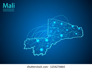 mali map with nodes linked by lines. concept of global communication and business. Dark mali map created from white dots with travel locations or internet connection.