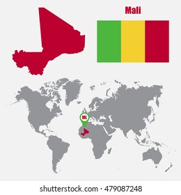 Mali map on a world map with flag and map pointer. Vector illustration