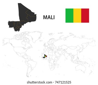 Mali map on a world map with flag on white background.