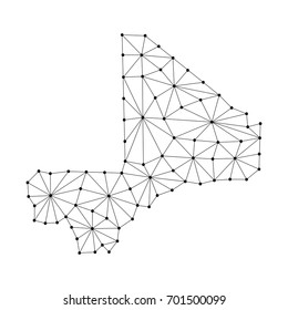 Mali map of polygonal mosaic lines network, rays and dots vector illustration.