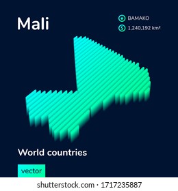 Mali map. Stylized isometric neon striped vector 3d map. Map of Mali is in green and mint colors on the dark blue background