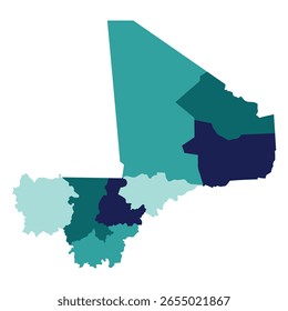 Mali map subregions. Map of Mali subregions in multicolor
