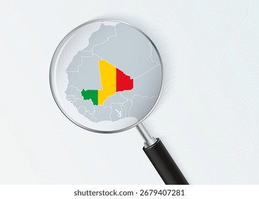 Mapa de Mali bajo lupa con superposición de bandera nacional. La Imagen representa el enfoque geográfico, la identidad nacional y la exploración.