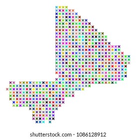 Mali map. Vector abstraction of geographic scheme. Regular pattern is made with x-cross items in random colors. Abstract pixelated Mali map designed for political and economical applications.