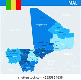 Mali Map Vector Blue Spot - Customizable layered political map of Mali with administrative divisions for website, education, reports, news, politics, print, poster and wallpaper