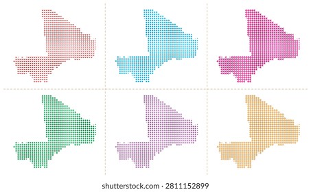 Mali map vector illustration collection showcasing six distinct country outlines crafted from diverse geometric patterns and vibrant color palettes isolated on white background for creative design.