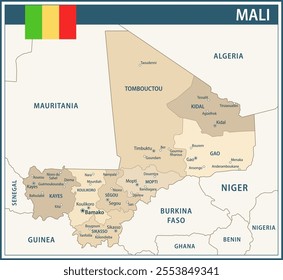 Mali Map Vector Vintage Dark Blue Beige - Customizable layered political map of Mali with administrative divisions for website, education, reports, news, politics, print, poster and wallpaper