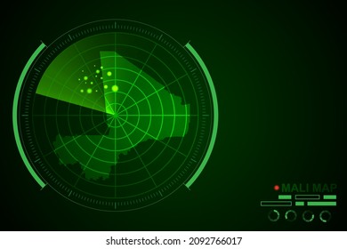 Mapa de Mali - Mapa mundial de la plantilla de vector internacional con el estilo de radar de círculo futurista HUD, GUI, interfaz de interfaz de usuario aislado en fondo verde oscuro - Ilustración vectorial eps 10