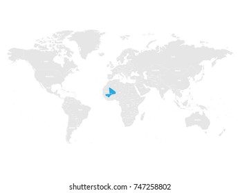 Mali marked by blue in grey World political map. Vector illustration.