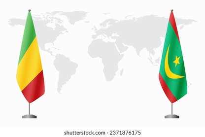 Mali and Mauritania flags for official meeting against background of world map.