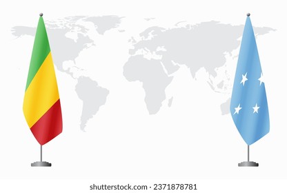 Mali and Micronesia flags for official meeting against background of world map.