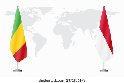 Mali and Monaco flags for official meeting against background of world map.