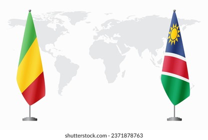 Mali and Namibia flags for official meeting against background of world map.