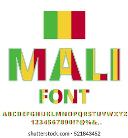 Mali national flag flat stylized font. Alphabet and Numbers in Vector Set