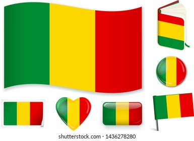 Mali national flag. Vector illustration. 3 layers. Shadows, flat flag, lights and shadows. Collection of 220 world flags. Accurate colors. Easy changes.