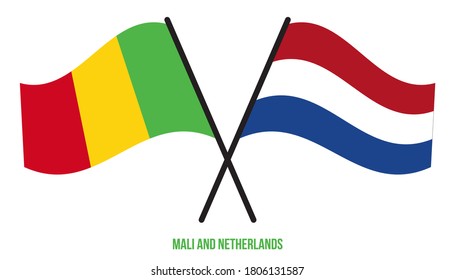 Mali and Netherlands Flags Crossed And Waving Flat Style. Official Proportion. Correct Colors.