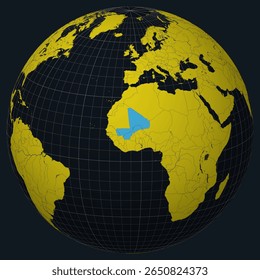 Mali on Globe. Country view on the world map in Charcoal Bright Yellow color palette. Mali shape on map. Globe with meridians, parallels, countries, rivers and lakes. Creative vector illustration.