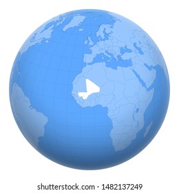 Mali on the globe. Earth centered at the location of the Republic of Mali. Map of Mali. Includes layer with capital cities.