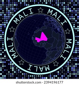 Mali on globe vector. Futuristic satellite view of the world centered on Mali. Geographical illustration with shape of country and squares background. Bright neon colors on dark background.