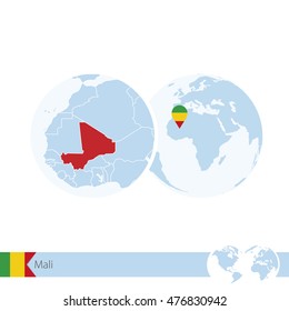 Mali on world globe with flag and regional map of Mali. Vector Illustration.
