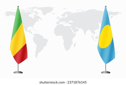 Mali and Palau flags for official meeting against background of world map.