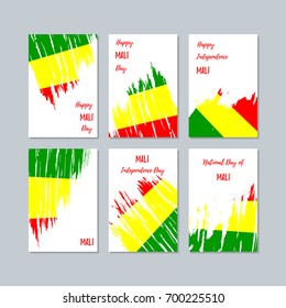 Mali Patriotic Cards for National Day. Expressive Brush Stroke in National Flag Colors on white card background. Mali Patriotic Vector Greeting Card.