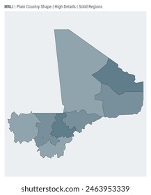 Mapa del país de la llanura de Mali. Detalles altos. Estilo Regiones sólidas. Forma de Mali. Ilustración vectorial.