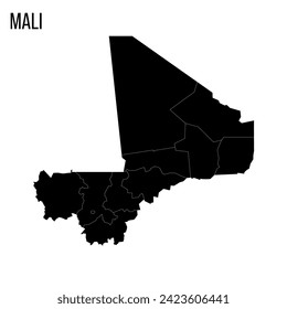 Mali political map of administrative divisions - regions and capital district of Bamako. Blank black map and country name title.