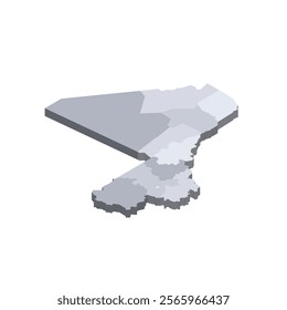 Mali political map of administrative divisions - regions and capital district of Bamako. 3D isometric blank vector map in shades of grey.