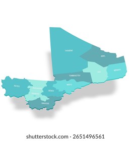 Mali mapa político de divisões administrativas - regiões e distrito capital de Bamako. Mapa de vetor turquesa 3D com rótulos de nome.