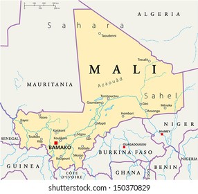 Mali Political Map - Political map of Mali with the capital Bamako, national borders, most important cities, rivers and lakes. Vector illustration with english labeling and scale.