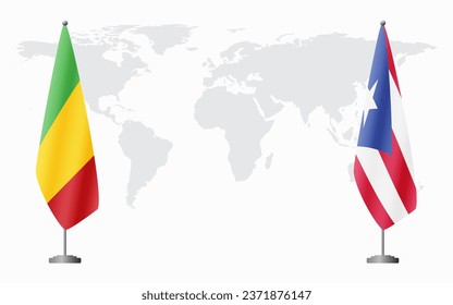 Mali and Puerto Rico flags for official meeting against background of world map.